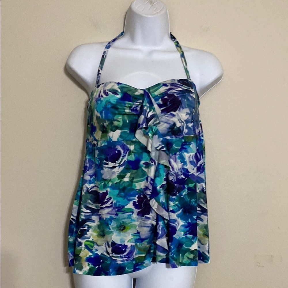 Bradley Mischka Floral Halter swimming Top Blue Green Women 10 Casual beach
